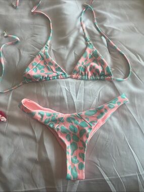 Beach Bunny Pink and Mint Leopard Print Triangle Bikini